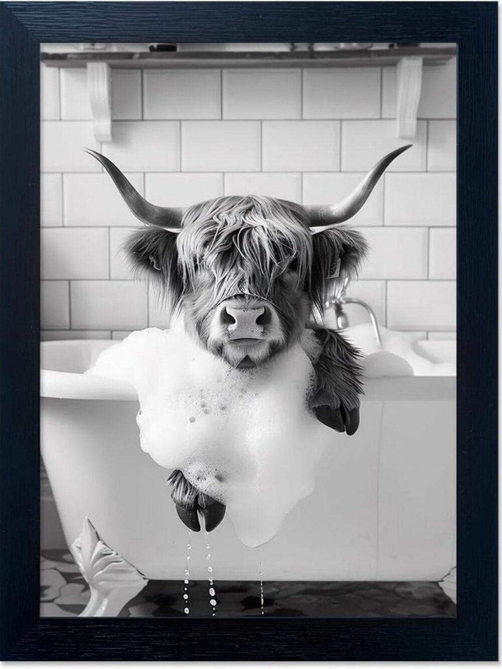 Funny Highland Cow Bathroom Wall Art, Framed Canvas Print, Farmhouse Decor